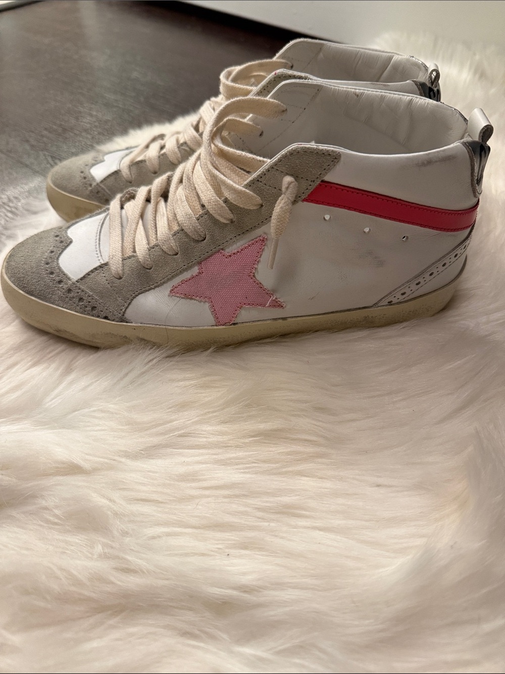 Golden Goose Kids High-Top Sneakers in White with Pink Star and Pink Stripe